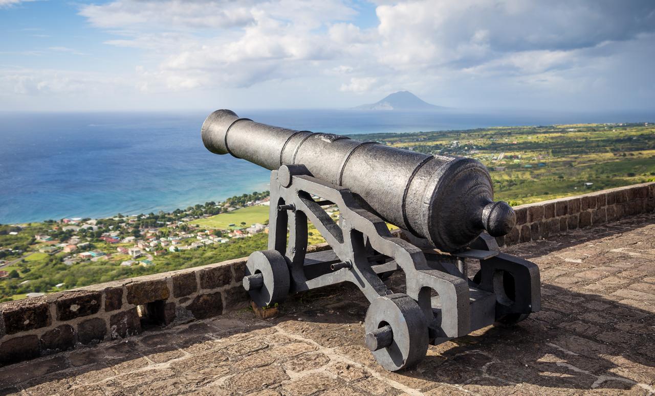 Cannon faces the Caribbean Sea at Brimstone Hill Fortress on Saint Kitts. West Indies