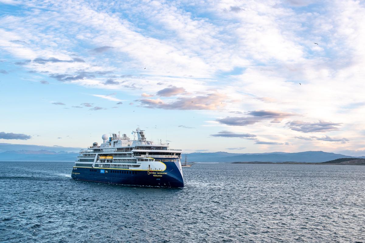 The Ship National Geographic Endurance coming into port, Ushuaia, Argentina.