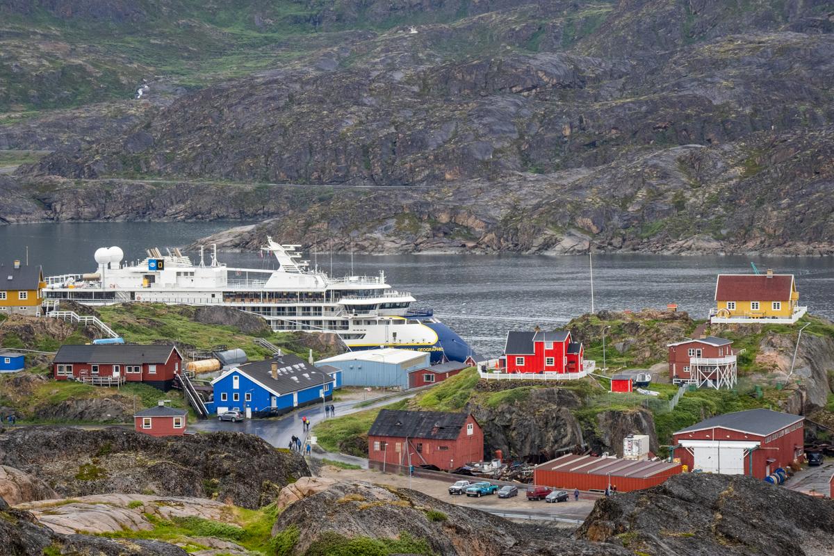 The National Geographic Resolution at the dock in the town of Sisimuit, Greenland..