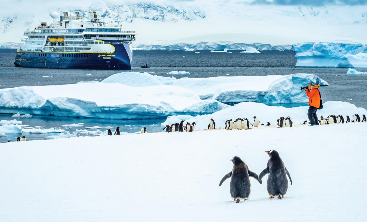 A guest explores Cuverville Island from the ship National Geographic Resolution to photograph Gentoo Penguins up close, Antarctica.