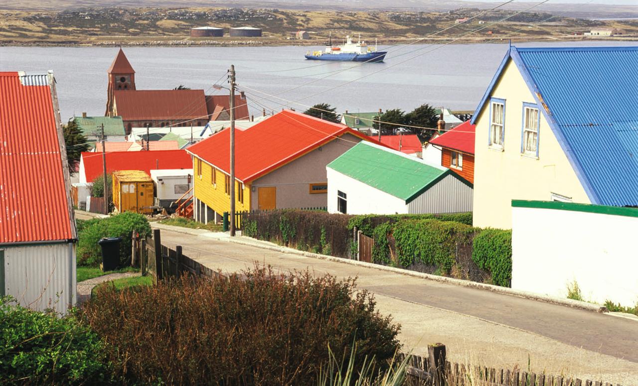 A street view of village homes in Stanley, Falkland Islands