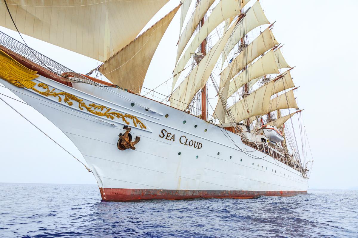 The ship Sea Cloud at full sail, Cyclades, Mediterranean, Greece.