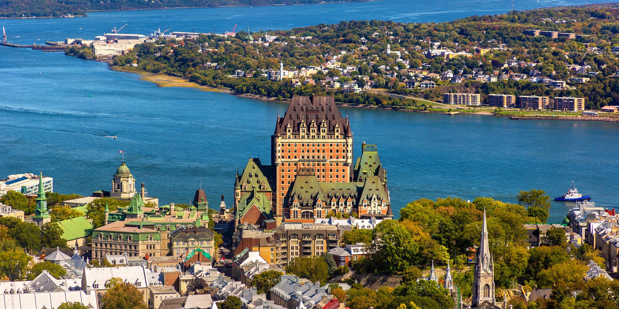 Panoramic aerial view of Quebec city and Frontenac Castle (Fairmont Le Chateau Frontenac), Canada