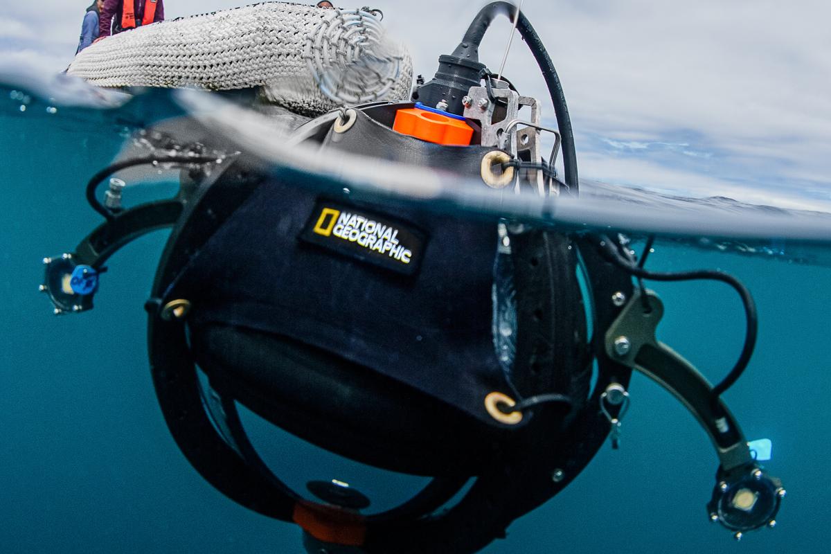 Lindblad CES conservation shipboard science program group, Salome Buglass, 
Melania Calderon, Jonatha Giddens, Denley Delaney, Evelyn Vera, using 
The DropCam in the Galapagos Islands, Ecuador. 