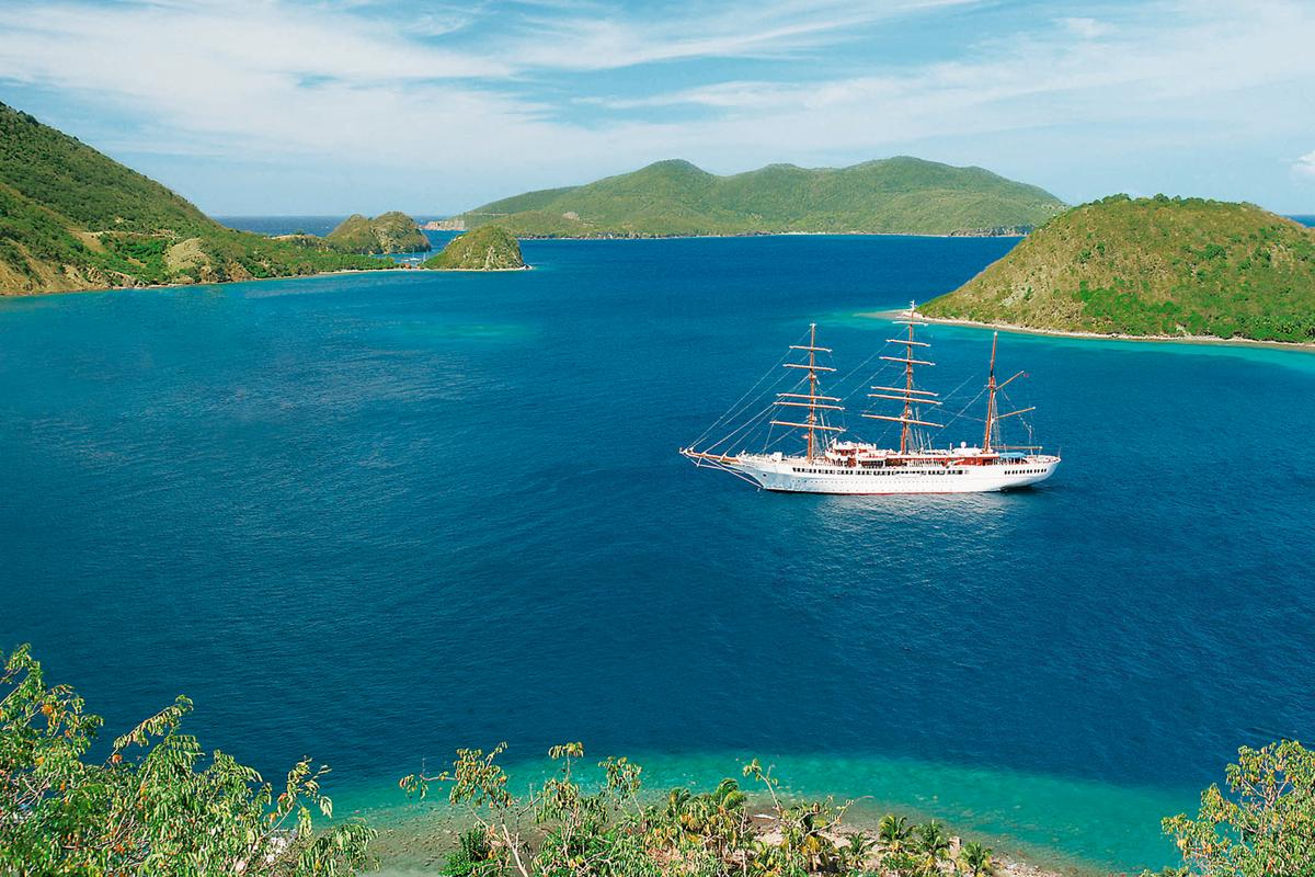 Ship Sea Cloud II at bay with bare rigging