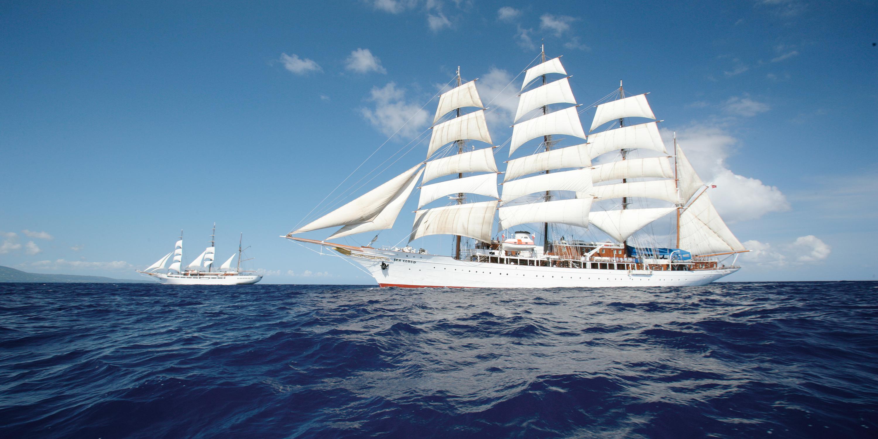 The ships Sea Cloud & Sea Cloud II sailing together at full sail