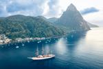 Sea Cloud at anchor off Soufriere, Saint Lucia with the Petit Piton in the background