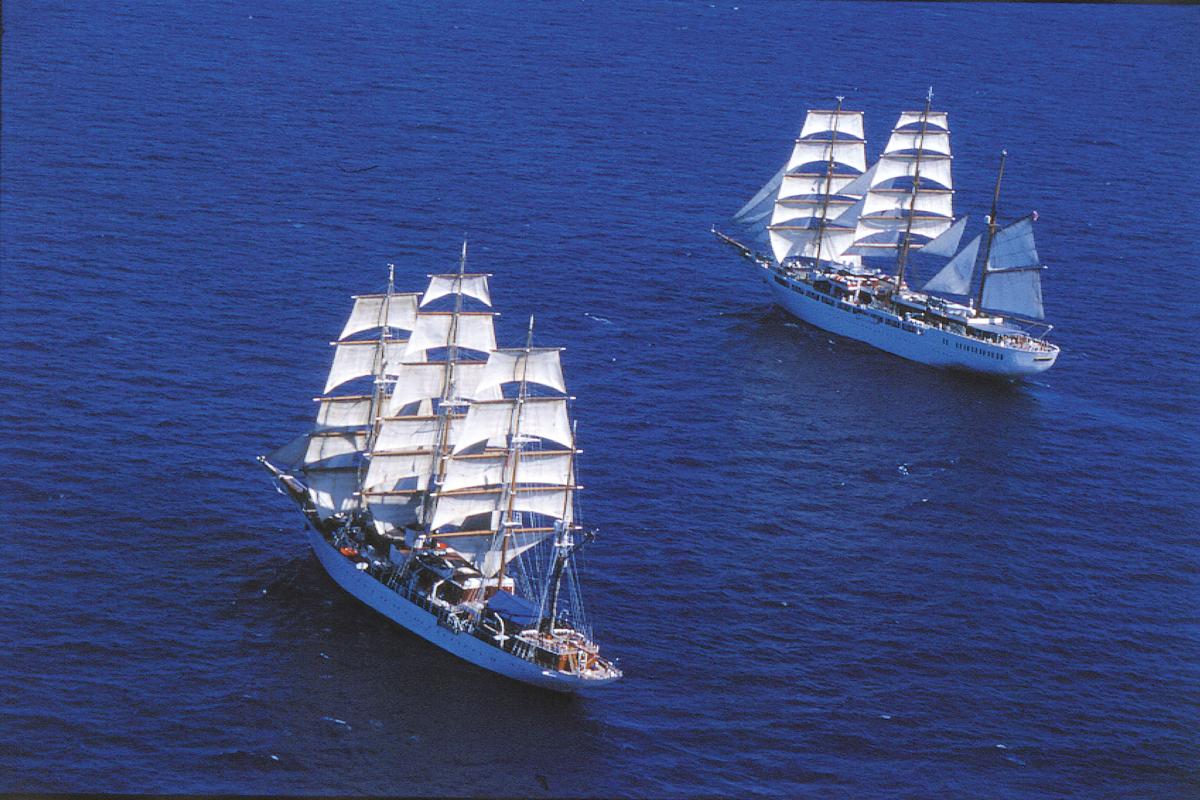 The ships Sea Cloud & Sea Cloud II sailing together at full sail