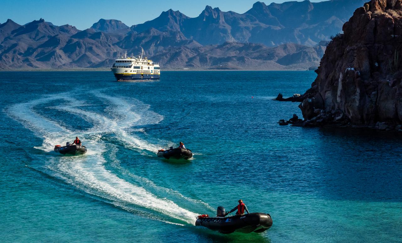 Zodiacs in formation going to shore from the ship National Geographic Venture, Baja California, Mexico.