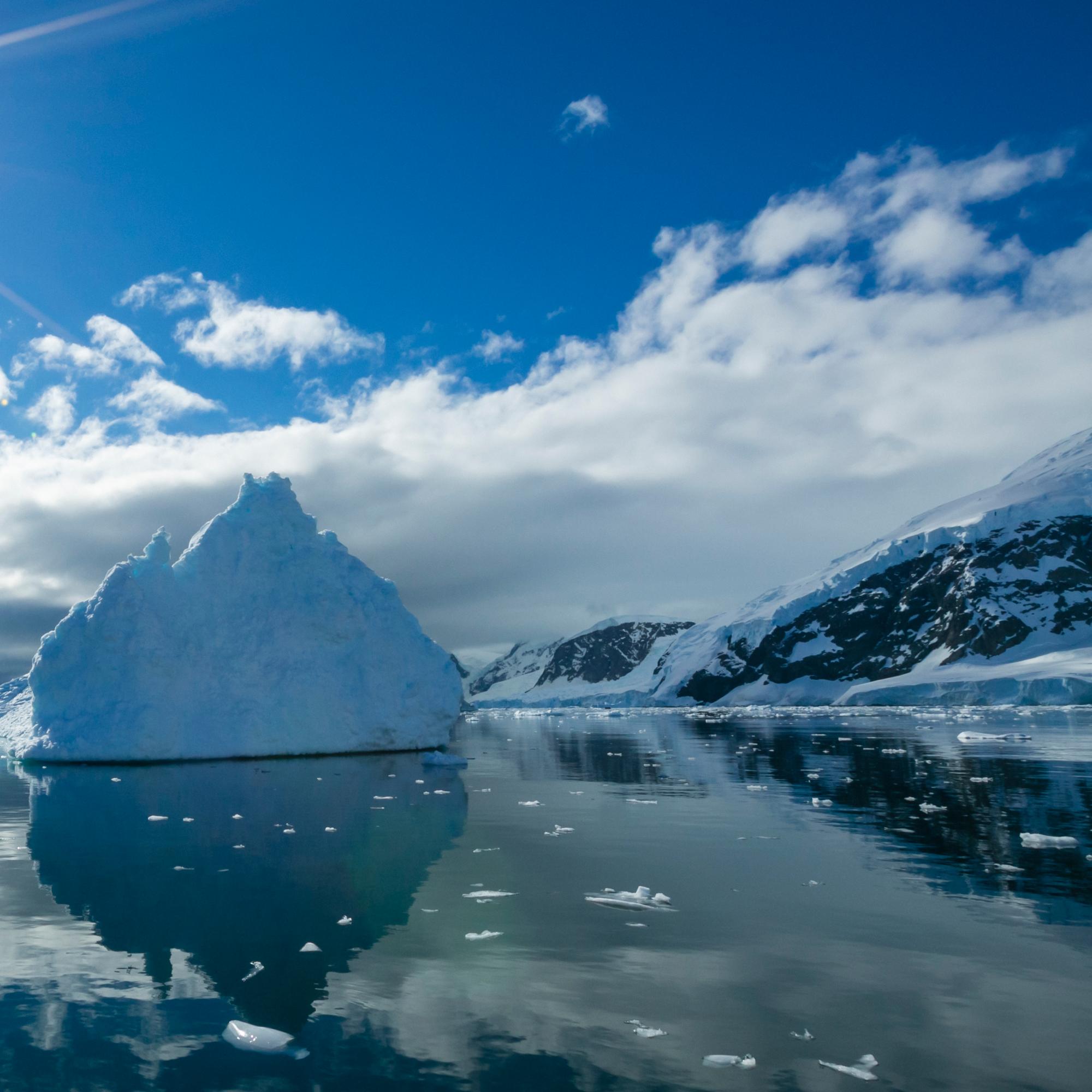 Blue Icebergs Reflections with Blue Sky and Sun Star, Neko Harbor, Antarctica.