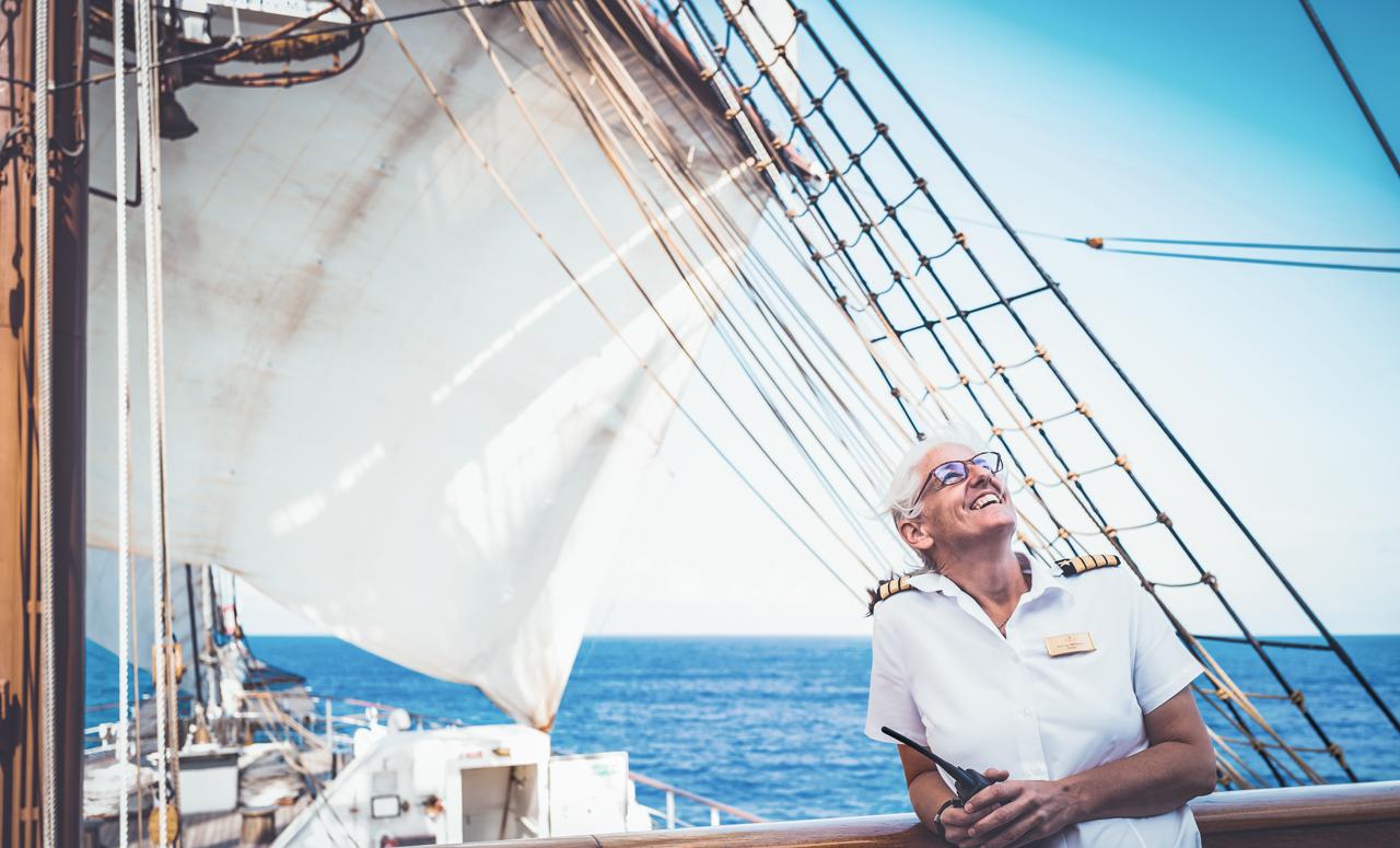 Captain Kathryn Whittaker on the ship Sea Cloud II.