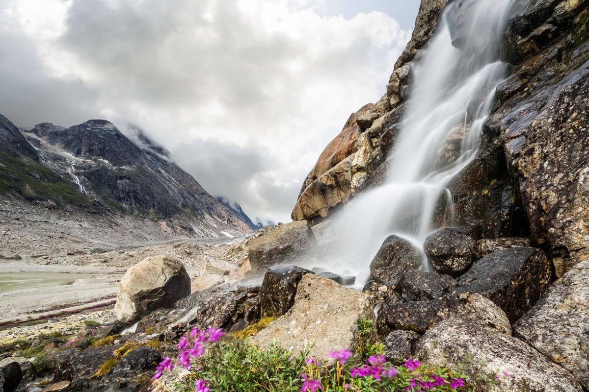 River beauties and waterfall at Prins Christian Sund, Southern  Greenland.